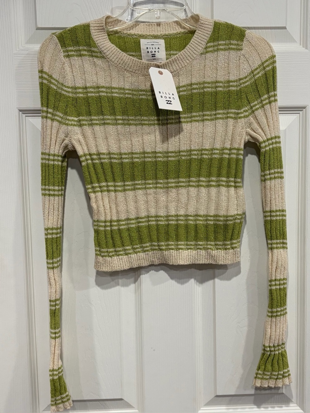 Billabong Women's Medium Clare Crew Neck Sweater Green Cream NWT Fitted Crop